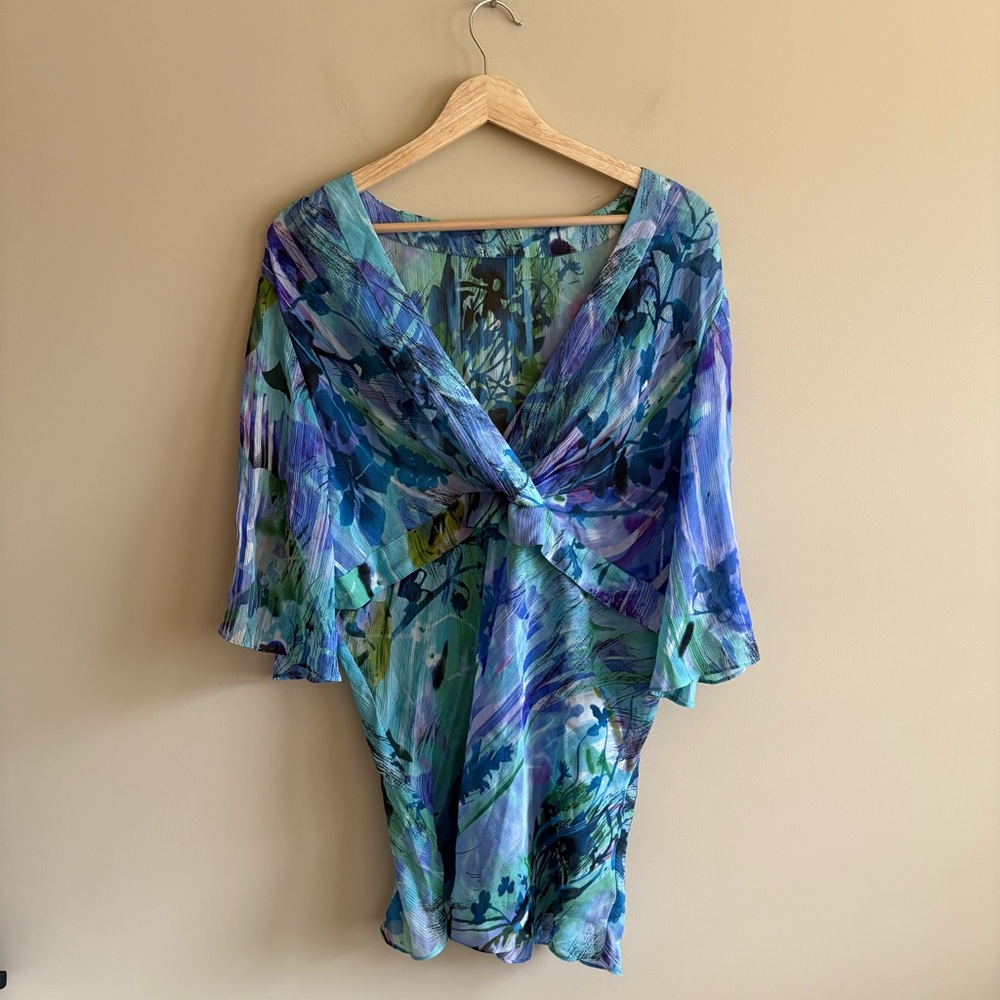 Reba Vibrant Blue and Green Shirt and Skirt Matching Set, 100% Silk, Size M - Picture 2 of 13
